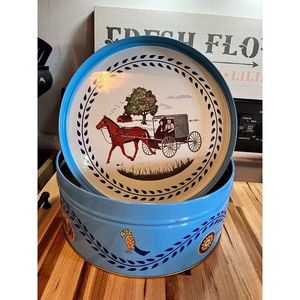 Vintage Pennsylvania Dutch Amish round cookie pretzel litho metal tin